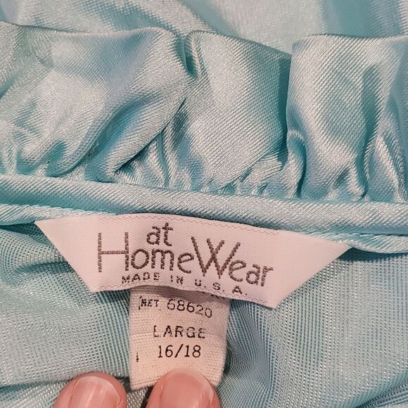 Vintage At Home Wear Sz L 16/18 Ice Blue Satin Zip Robe Ruffle Neck Pockets 1024 - Picture 9 of 10
